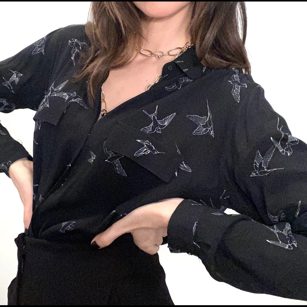 Black button down blouse with bird print